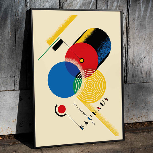 Bauhaus Poster inspired by Weimar Exhibition by Gropius featuring geometric shapes bold colors primary colors and abstract design elements, framed and displayed in home decor