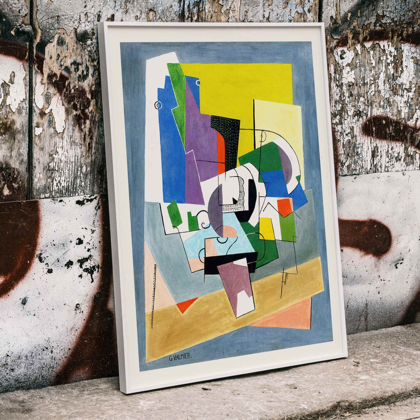 Poster of abstract geometric shapes in vibrant colors from Composition by Georges Valmier, framed and displayed in home decor