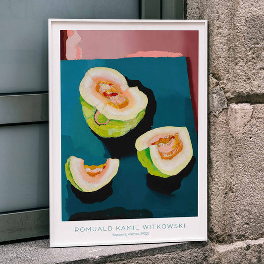 Colorful abstract fruit and sliced melons on a blue table by Romuald Kamil Witkowski Warsaw Evenings Plac Zamkowy poster, framed and displayed in home decor