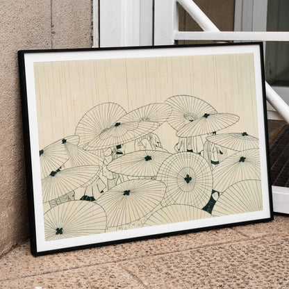 Minimal Japanese art poster of people holding traditional umbrellas in the rain from Osen Umbrellas by Komura Settai, framed and displayed in home decor