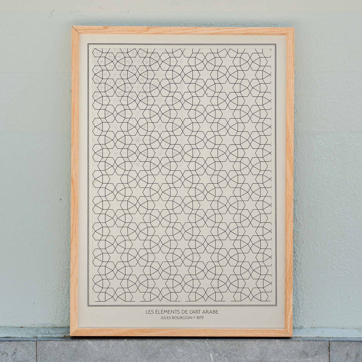Geometric patterns and arabesque design from Les elements de l art arabe by Jules Bourgoin poster, framed and displayed in home decor