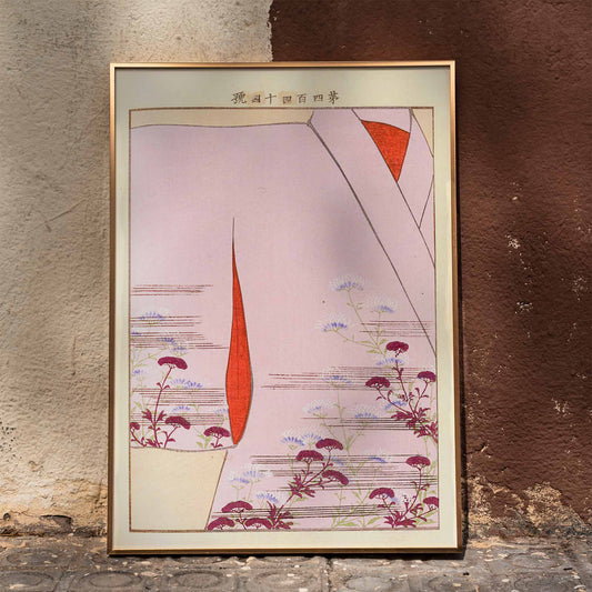 Yachigusa v 15 Pl 24 by Seiko Ueno kimono with delicate floral patterns and red accents poster close up, framed and displayed in home decor