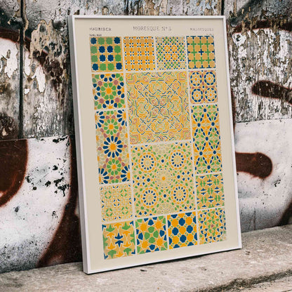 Moresque 5 vintage pattern by Owen Jones with colorful geometric tile designs from Grammar of Ornament book, framed and displayed in home decor