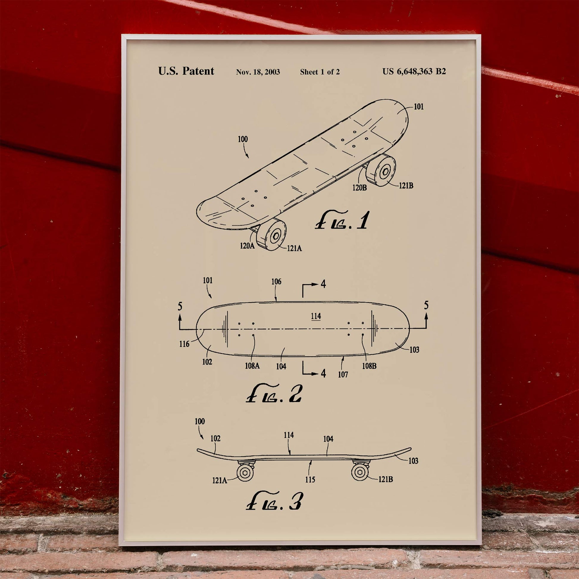 Skateboard patent drawing and technical poster by US Patents ideal wall art decor, framed and displayed in home decor