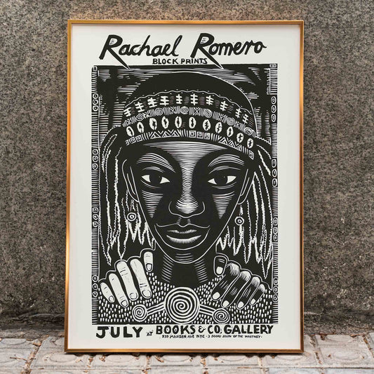 Black and white portrait block print poster with intricate patterns by Rachael Romero at Books and Co gallery, framed and displayed in home decor