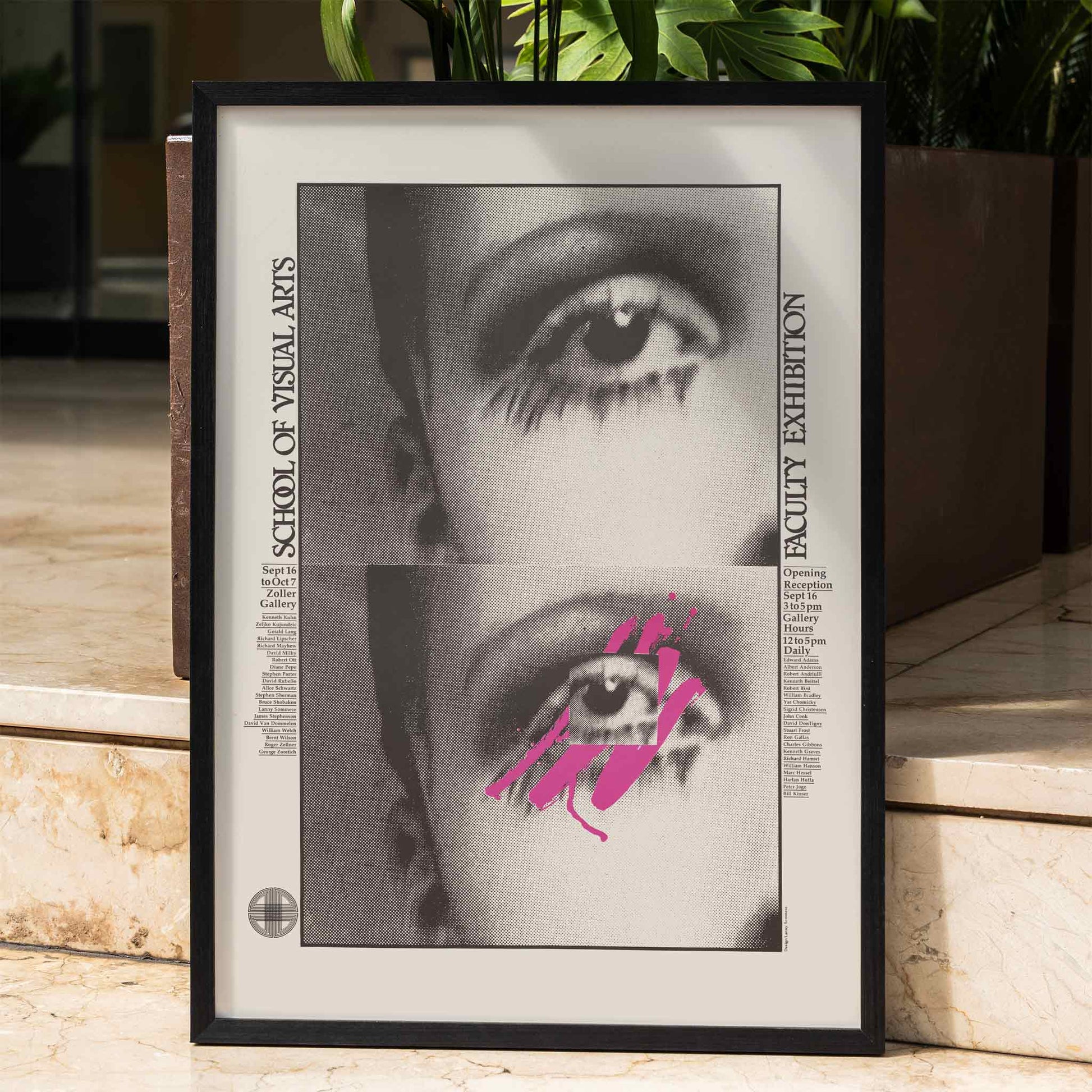 Poster with abstract and stylized eye designs by Lanny Sommese for School of Visual Arts faculty exhibition with pink accents, framed and displayed in home decor