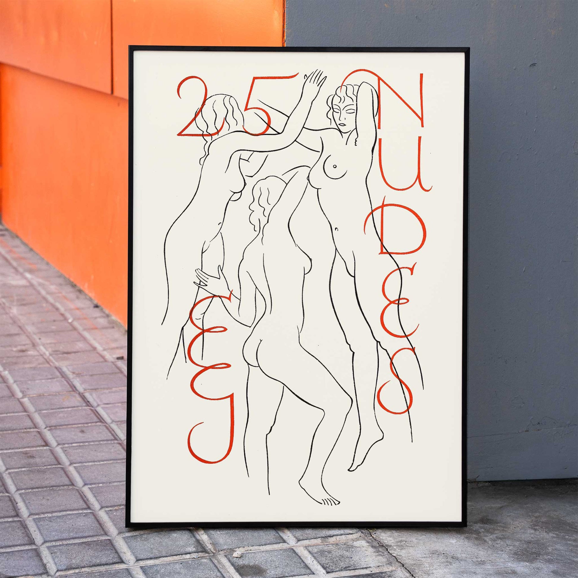 Eric Gill poster titled Twenty-five Nudes featuring three abstract nude figures with red text, framed and displayed in home decor