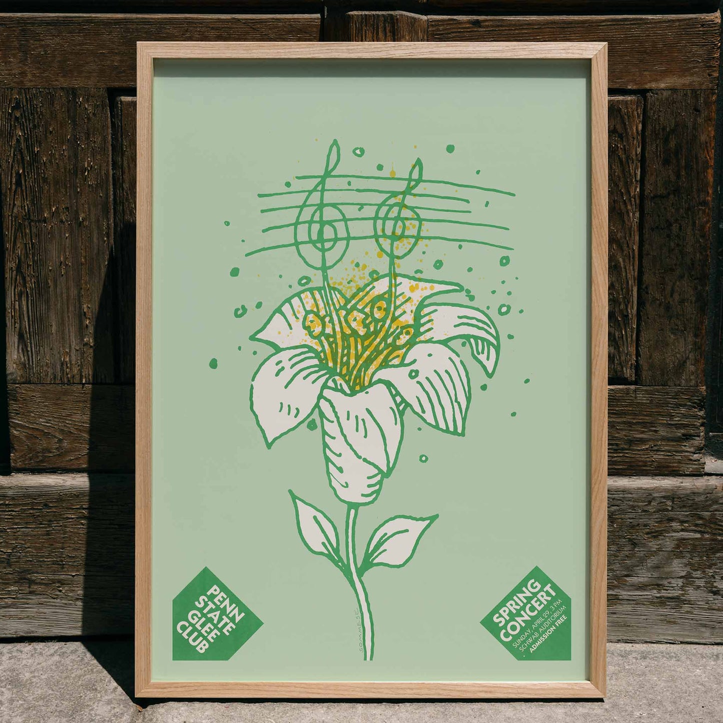 Musical flower illustration and poster with notes on flower stem by Lanny Sommese for Penn State glee club spring concert, framed and displayed in home decor