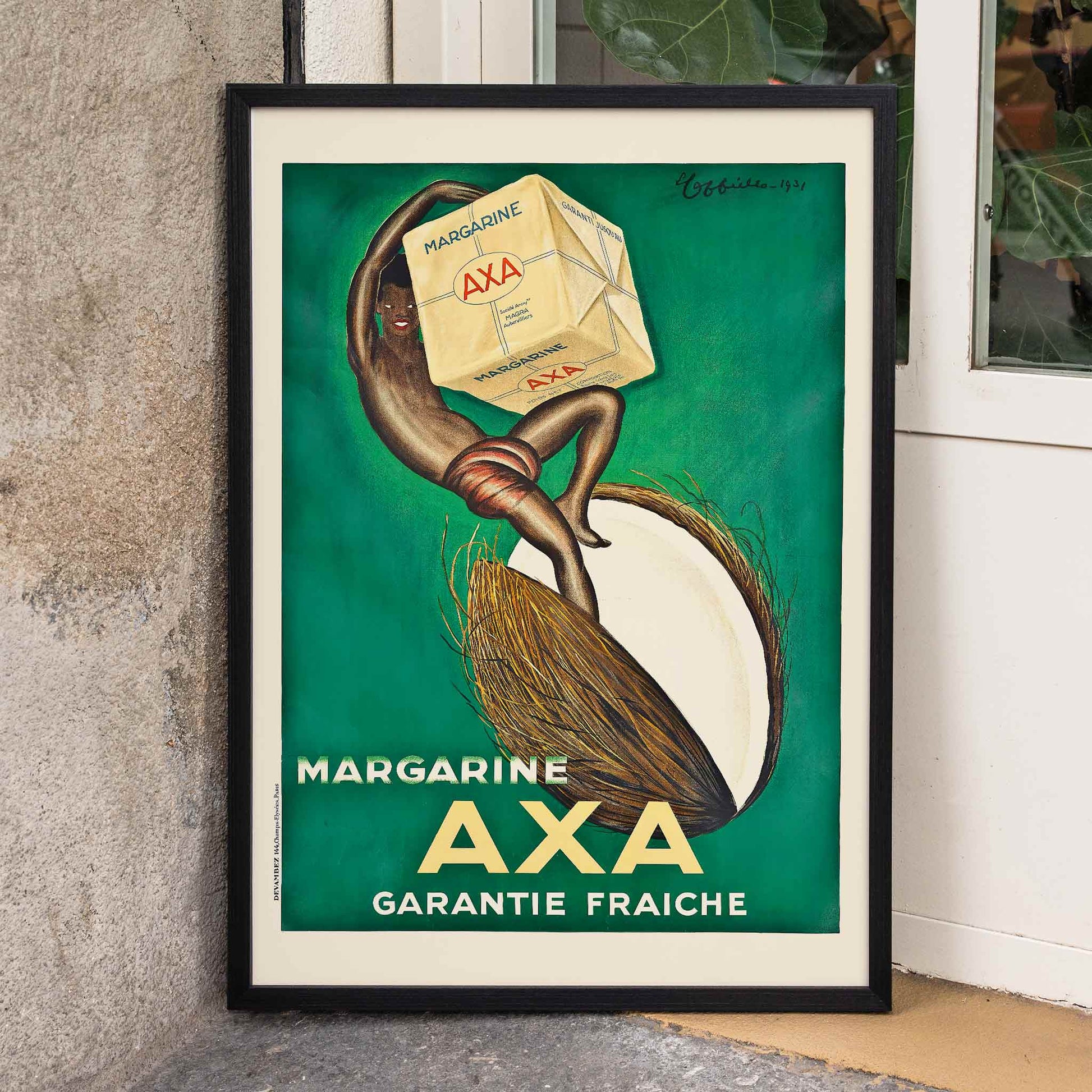 Margarine Axa poster by Leonetto Cappiello showing a person holding a large cube of margarine on a green background vintage advertisement, framed and displayed in home decor