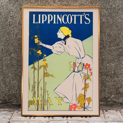 Woman in white dress picking flowers holding a book for Lippincotts May by William Carqueville illustration and poster, framed and displayed in home decor