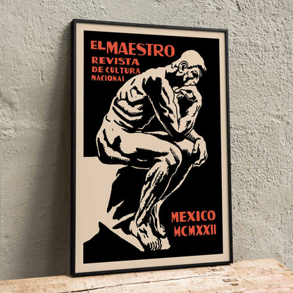 El Maestro Revista de Cultura Nacional Magazine cover and poster featuring a bold graphic thinker statue artwork, framed and displayed in home decor
