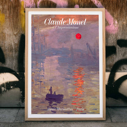 Claude Monet Soleil Levan exhibition poster vibrant impressionist artwork with red sun over water, framed and displayed in home decor