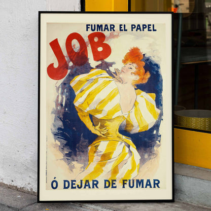 Vintage poster of a woman in a yellow striped dress with red hair advertising Fumar El Papel Job O Dejar De Fumar cigarette papers by Jules Cheret, framed and displayed in home decor