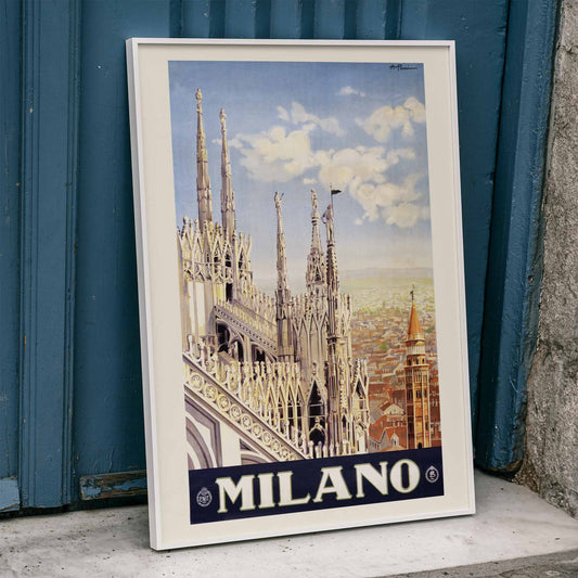 Milano cityscape and Duomo di Milano skyline illustrated by Allessandro Pomi in classic style artwork poster, framed and displayed in home decor