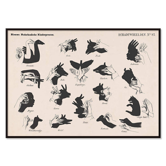 Vintage hand shadow puppet illustrations and animal shapes poster from Shadow Hands by George Lodewijk Funke artwork, with black aluminium frame on white background