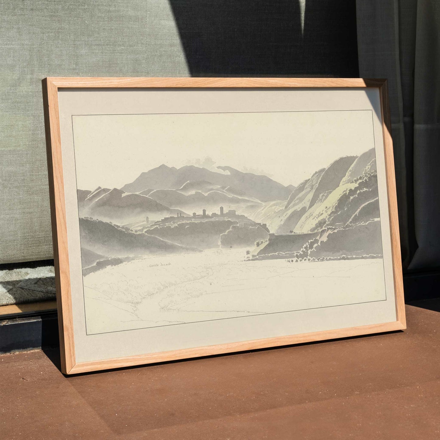 Landscape of Cittaducale with hills mountains and distant town by Josephus Augustus Knip poster titled View of Cittaducale, framed and displayed in home decor