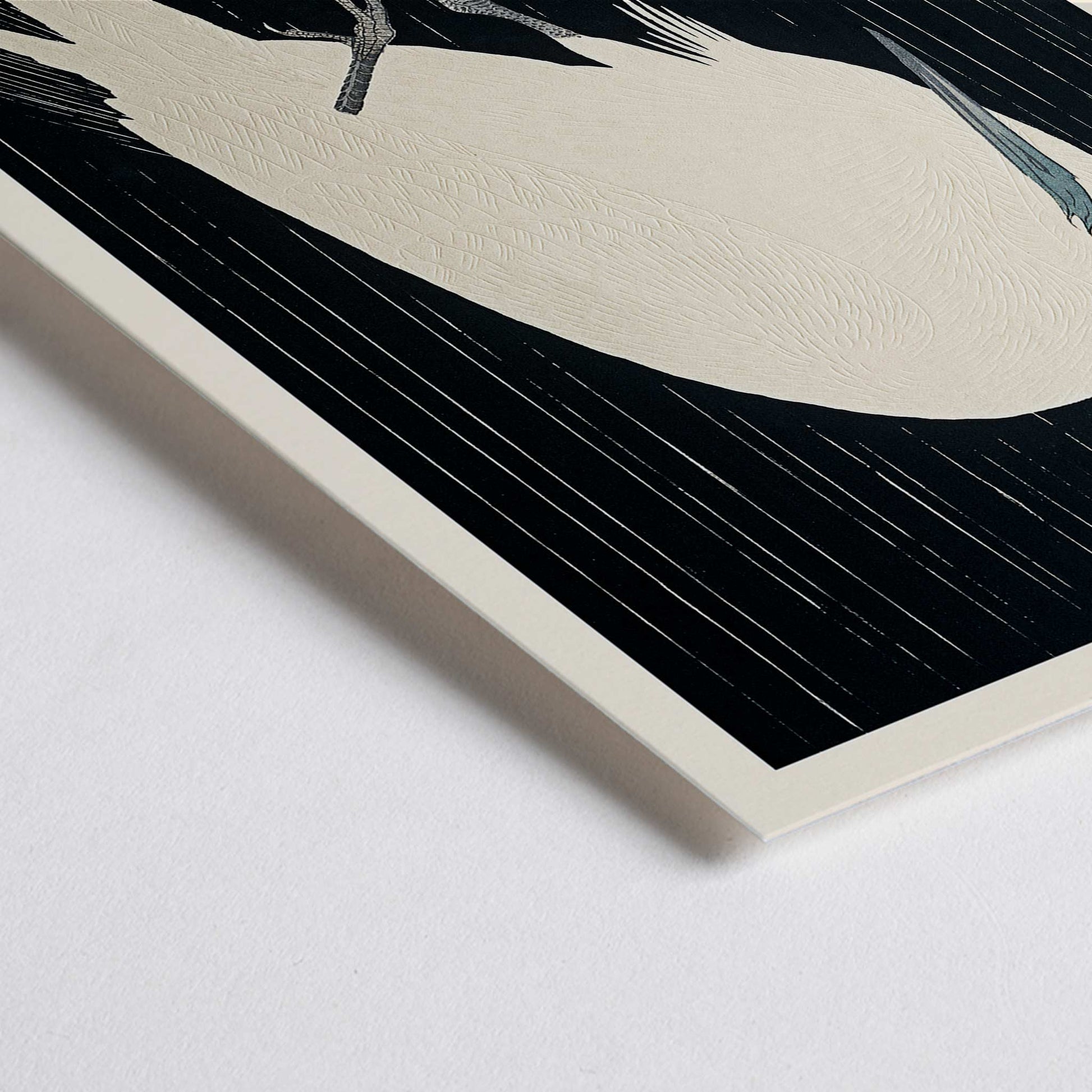 Closeup detail of White egret standing in the rain art print poster with dark background by Ohara Koson