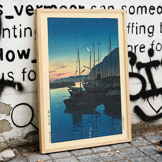 Boats docked at sunrise in a tranquil harbor with mountains in the background Morning in Beppu by Kawase Hasui, framed and displayed in home decor