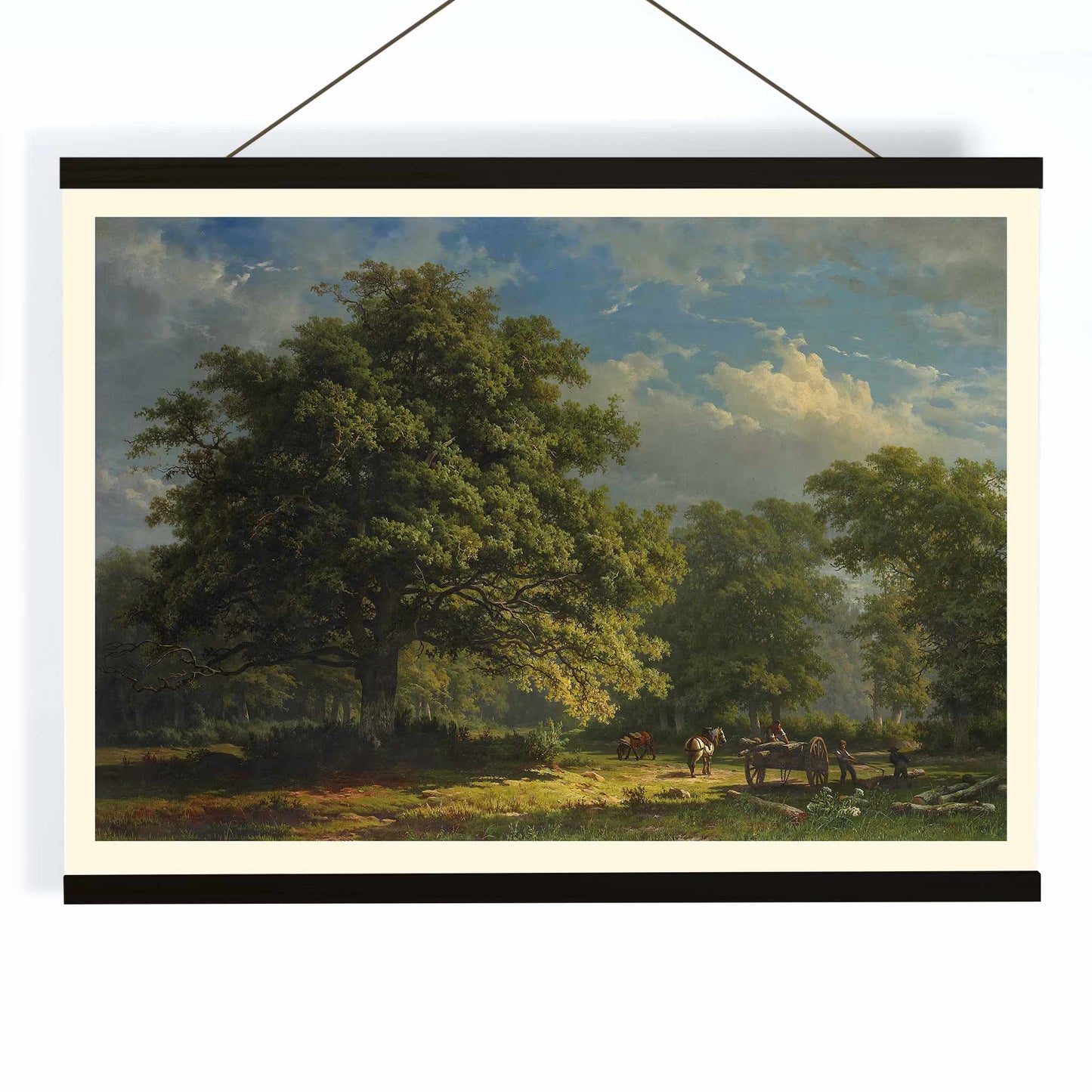Pastoral landscape poster of The Bentheim Forest by George Andries Roth showing lush green forest large trees and people working with horses, with wooden magnetic frame on white background
