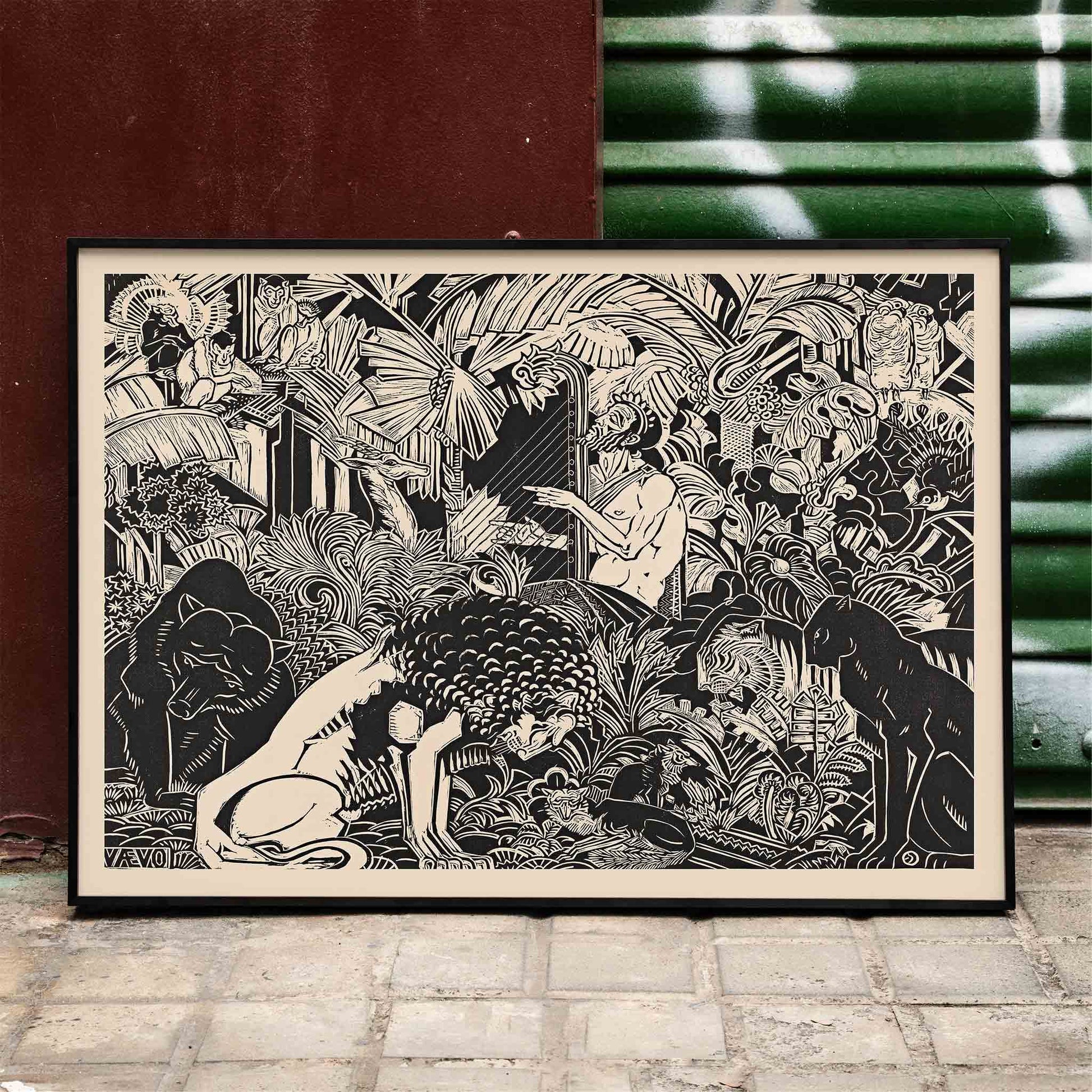 Orpheus playing harp surrounded by animals in lush jungle artwork by Henri van der Stok poster, framed and displayed in modern living room decor