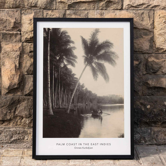 Palm trees and rowboat on river scenic landscape Palm Coast East Indies artwork by Onnes Kurkdjian poster, framed and displayed in home decor