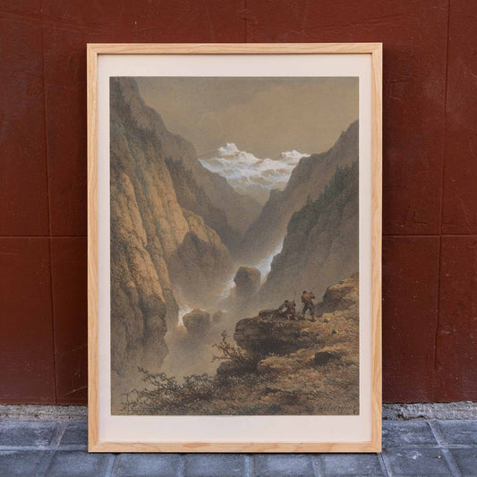 Two men hiking in dramatic mountain landscape poster by Johannes Hilverdink showing two guys in rocky mountains artwork, framed and displayed in home decor