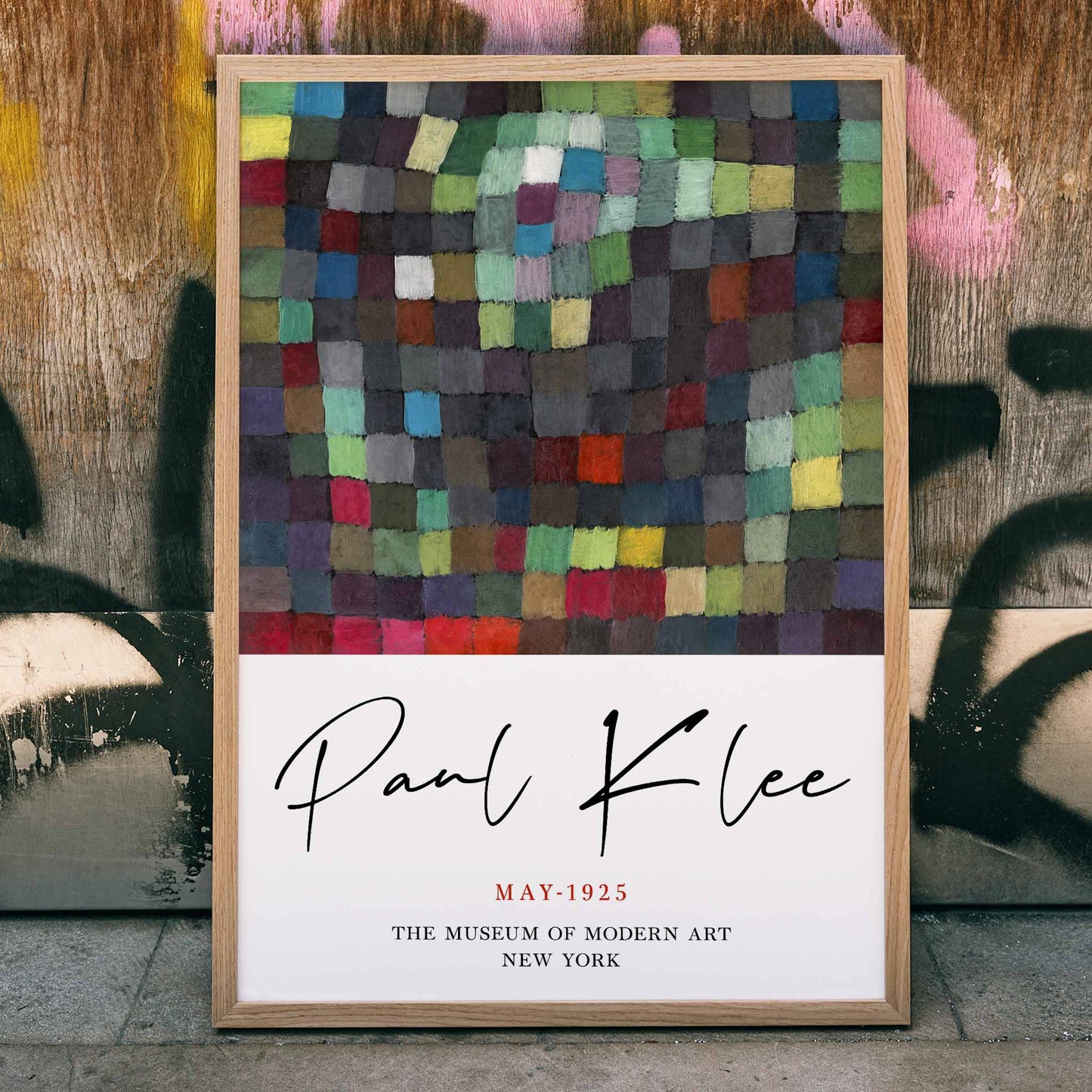 Colorful abstract squares pattern May Picture by Paul Klee poster with artist name displayed below, framed and displayed in home decor