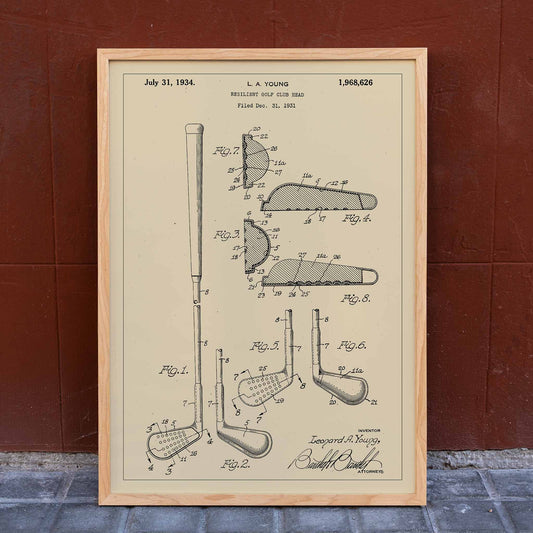 L A Young Resilient Golf Club Head Patent Illustration Design Drawings and Poster with Technical Specifications, framed and displayed in home decor
