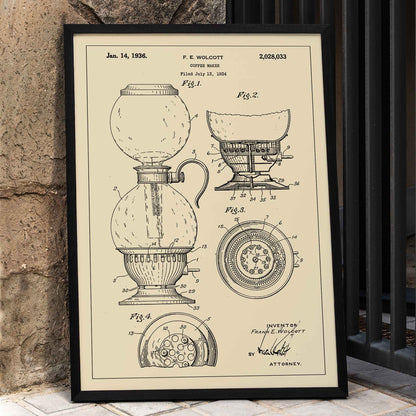 Vintage patent drawing and blueprint poster of Coffee Maker by F E Wolcott featuring detailed diagrams, framed and displayed in home decor