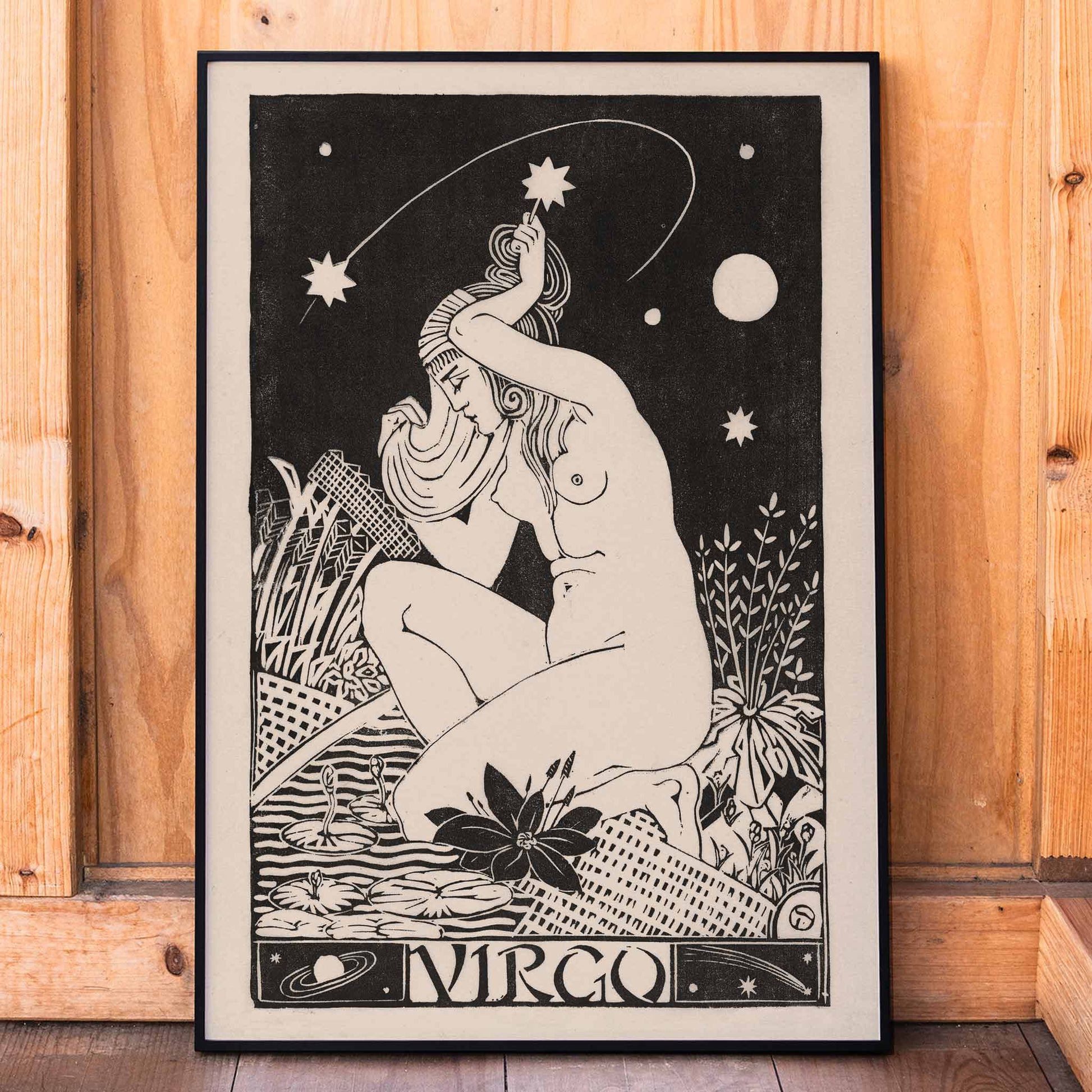 Art Nouveau poster of a nude Virgo woman with stars lilies and plants from Zodiac signs by Henri van der Stok, framed and displayed in home decor