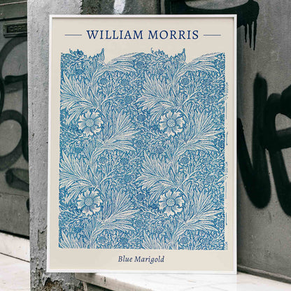 Blue Marigold illustration by William Morris featuring intricate blue floral patterns and leafy designs poster and artwork, framed and displayed in home decor