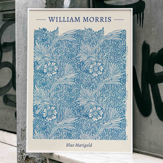 Blue Marigold illustration by William Morris featuring intricate blue floral patterns and leafy designs poster and artwork, framed and displayed in home decor
