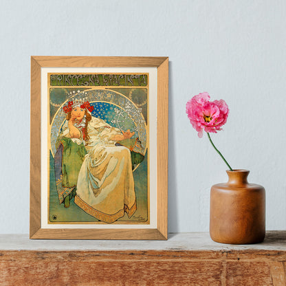 Art Nouveau poster of Princess Hyacinta in flowing gown with crown and floral accents by Alfons Mucha, framed and displayed in home decor