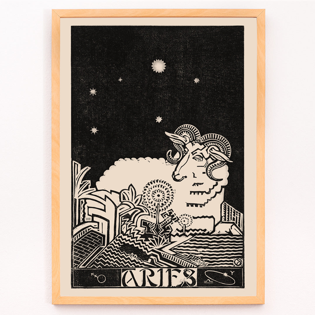 Closeup detail of Aries constellation and artistic ram illustration by Henri van der Stok with stylized landscape and stars Zodiac signs Aries poster