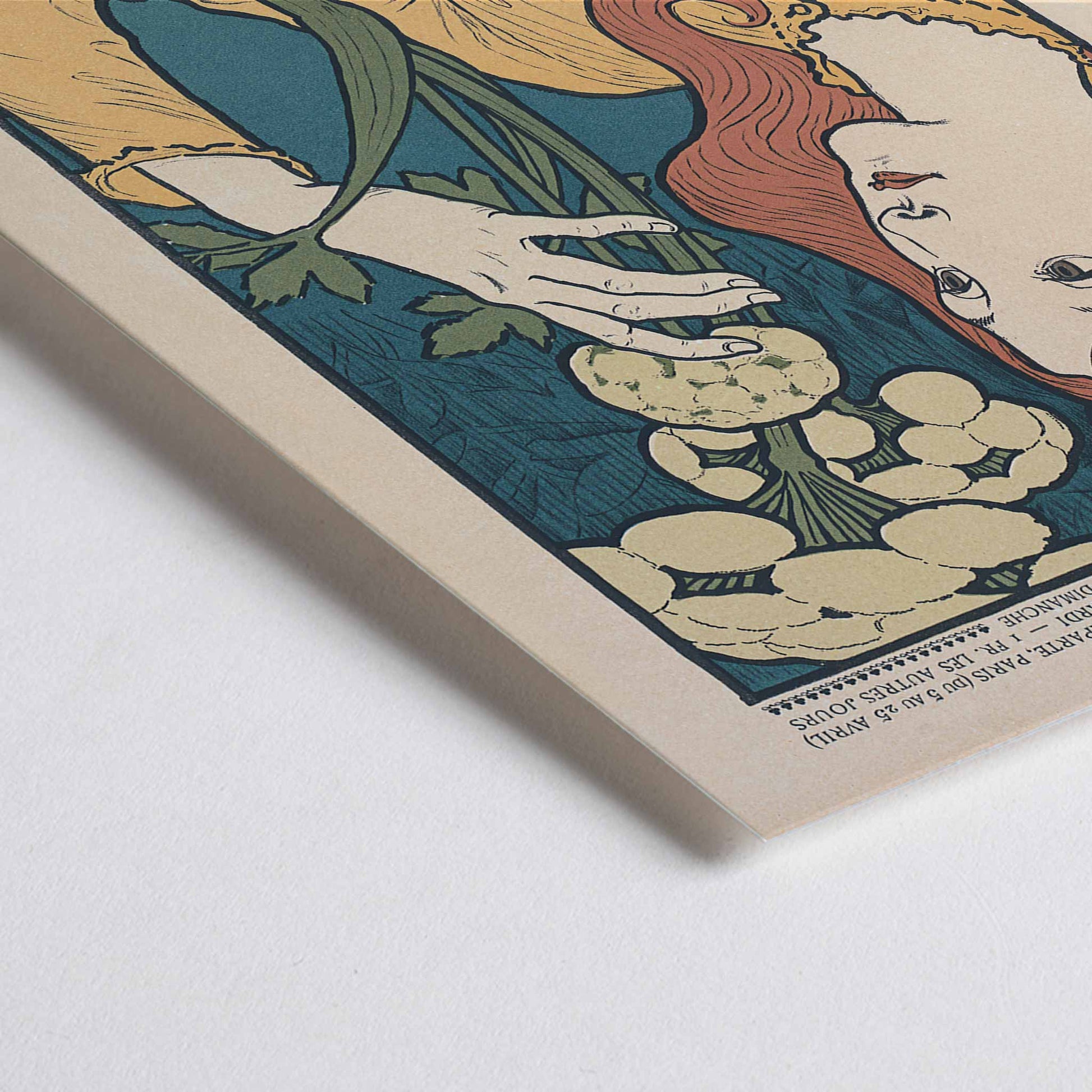 Closeup detail of Eugène Grasset Salon des Cent poster featuring a red haired woman with flowers in cream teal and yellow Art Nouveau style