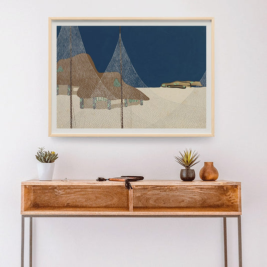Ryoson by Kamisaka Sekka coastal scene with fishing nets mountains net-covered structures blue sky and landscape, framed and displayed in home decor