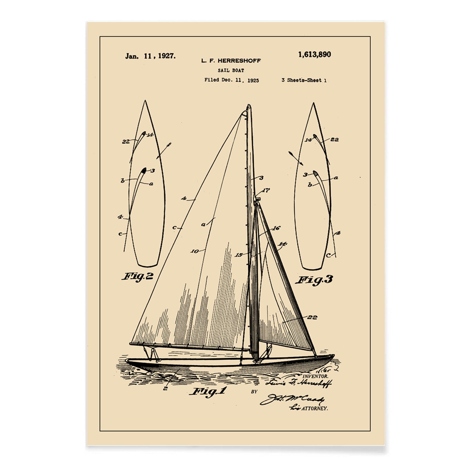 Vintage sailboat patent drawing and poster by L F Herreshoff featuring detailed technical sailboat artwork and schematics, with black aluminium frame on white background