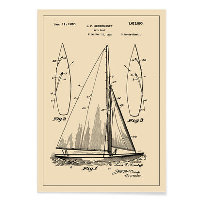 Vintage sailboat patent drawing and poster by L F Herreshoff featuring detailed technical sailboat artwork and schematics, with black aluminium frame on white background