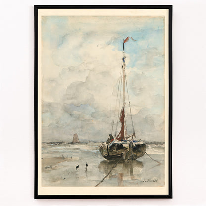 Closeup detail of Sail boat on sandy beach under cloudy sky artwork by Jacob Maris poster inspired by Sail boat on the beach
