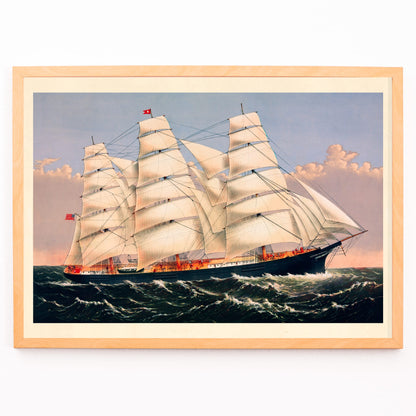 Closeup detail of Clipper Ship Three Brothers by Currier and Ives majestic sailing ship poster at sea largest vessel in the world