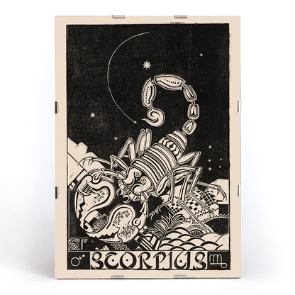 Black and white illustration of a scorpion beneath stars in Scorpius by Henri van der Stok poster artwork, framed and displayed in modern living room decor