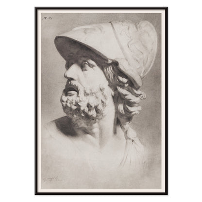Roman head with helmet by Gerrit Willem Dijsselhof realistic pencil drawing of bearded man classical sculpture artwork poster, with black aluminium frame on white background