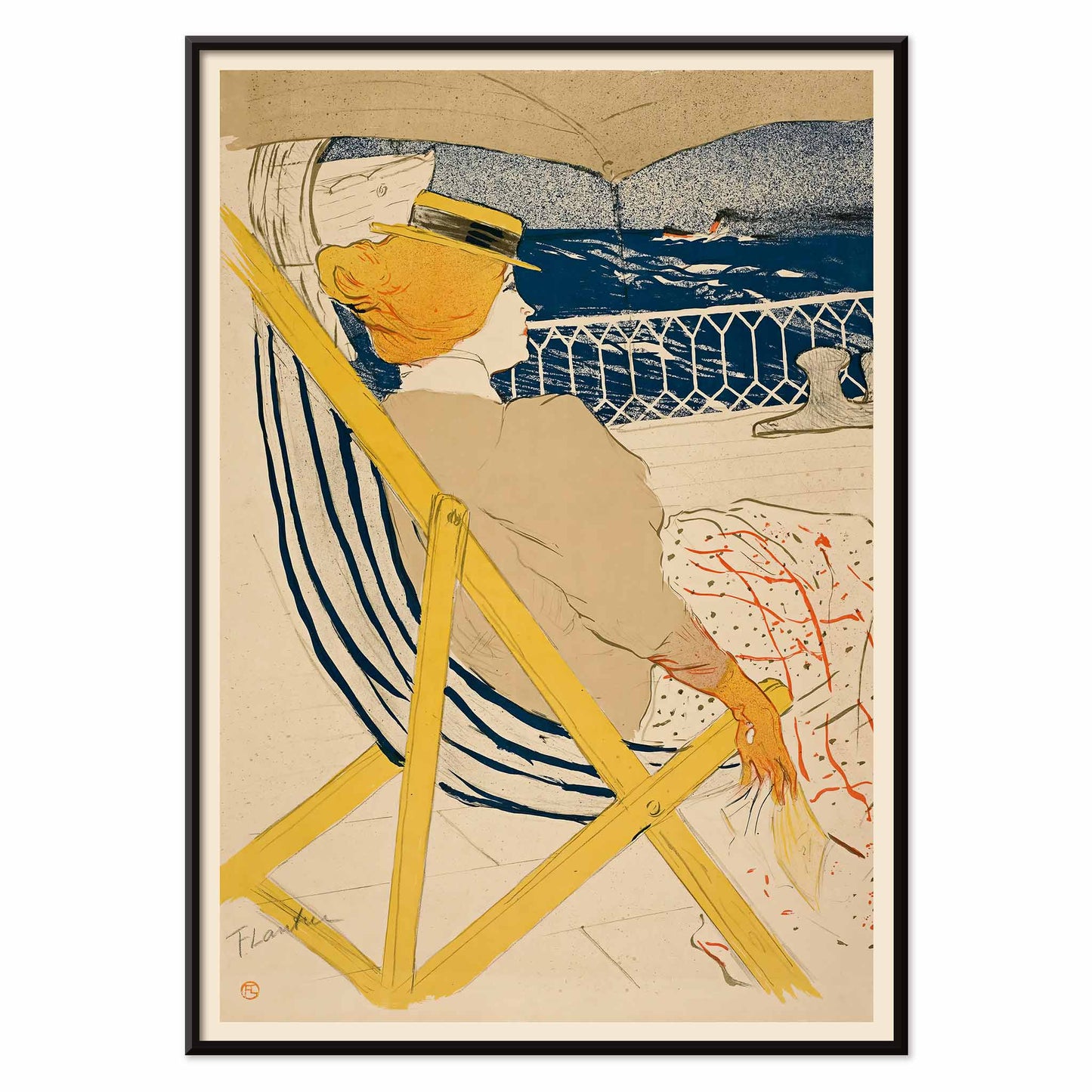 Henri de Toulouse-Lautrec La passagère du 54 poster with seated woman on deck blue sea striped chair and yellow accents, with black aluminium frame on white background