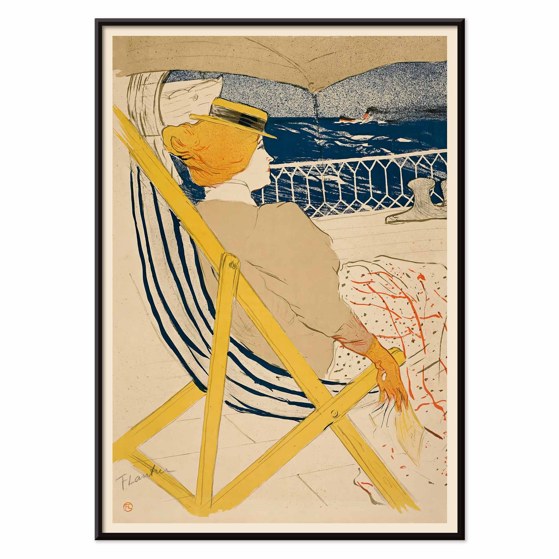 Henri de Toulouse-Lautrec La passagère du 54 poster with seated woman on deck blue sea striped chair and yellow accents, with black aluminium frame on white background