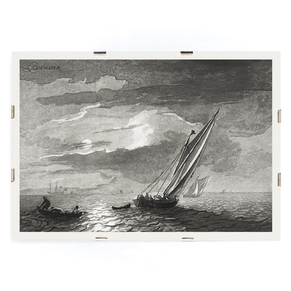 Sailboats on a moonlit sea seascape with full moon by Cornelis Ploos van Amstel poster showing sailboats on the ocean under a moonlit sky, framed and displayed in modern living room decor