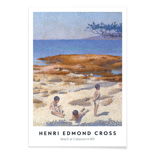 Poster of Beach at Cabasson by Henri Edmond Cross with children playing on a sandy shore under a blue sky, with black aluminium frame on white background