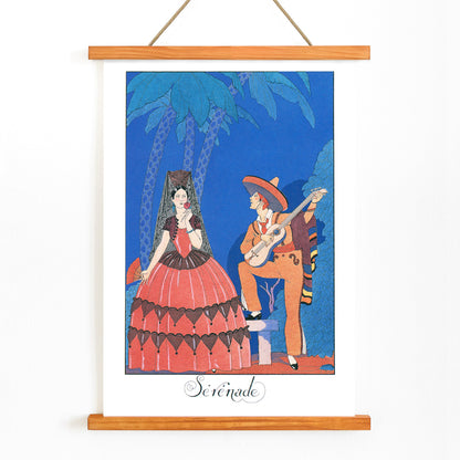 Serenade by George Barbier man playing guitar for woman in elegant or Spanish dress under palm trees romantic art poster, with wooden magnetic frame on white background