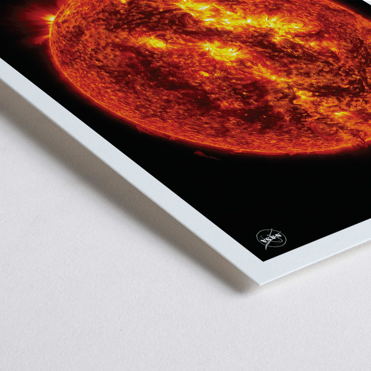 Closeup detail of Fiery image of the Sun with solar flares by NASA poster featuring detailed solar activity