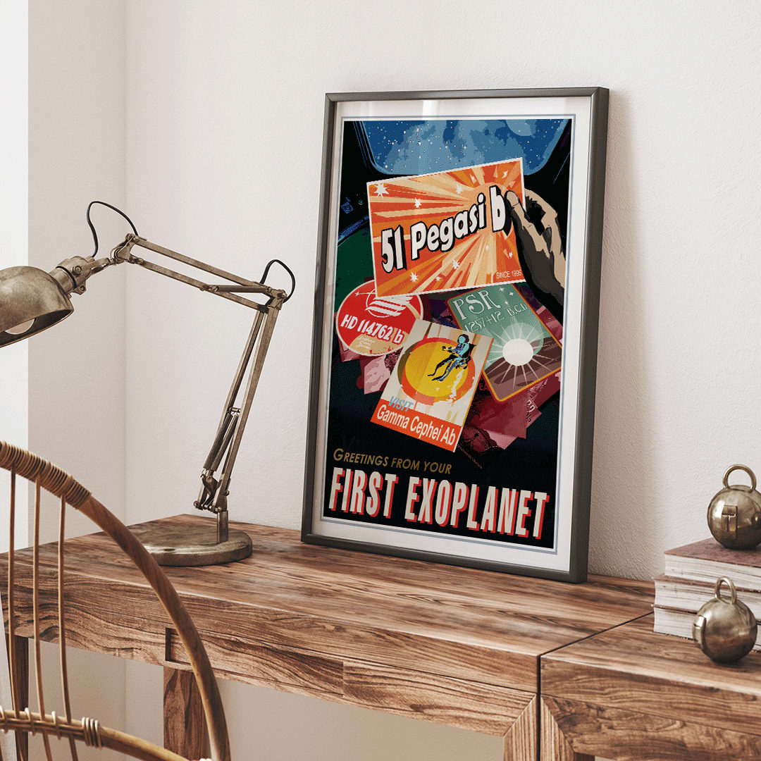 NASA retro style space travel poster with vibrant exoplanet postcards and text greetings from your first exoplanet wall decor, framed and displayed in home decor
