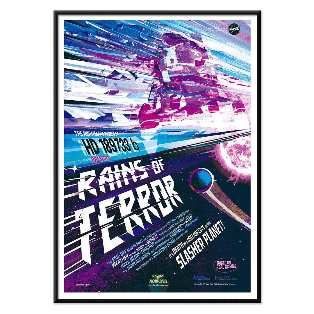 Colorful sci fi poster titled Rains of Terror by NASA featuring a dramatic alien storm scene vivid colors planets and dynamic space artwork, with black aluminium frame on white background